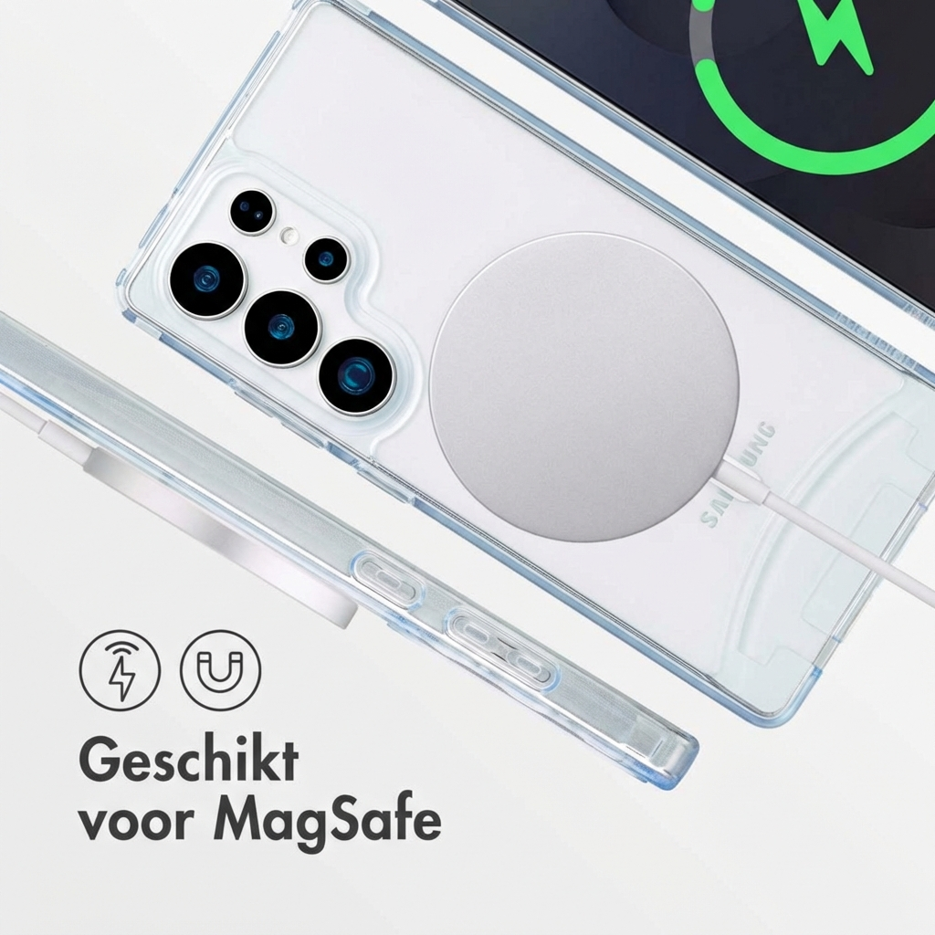 Téléphone transparent avec chargeur MagSafe et indicateur de charge.