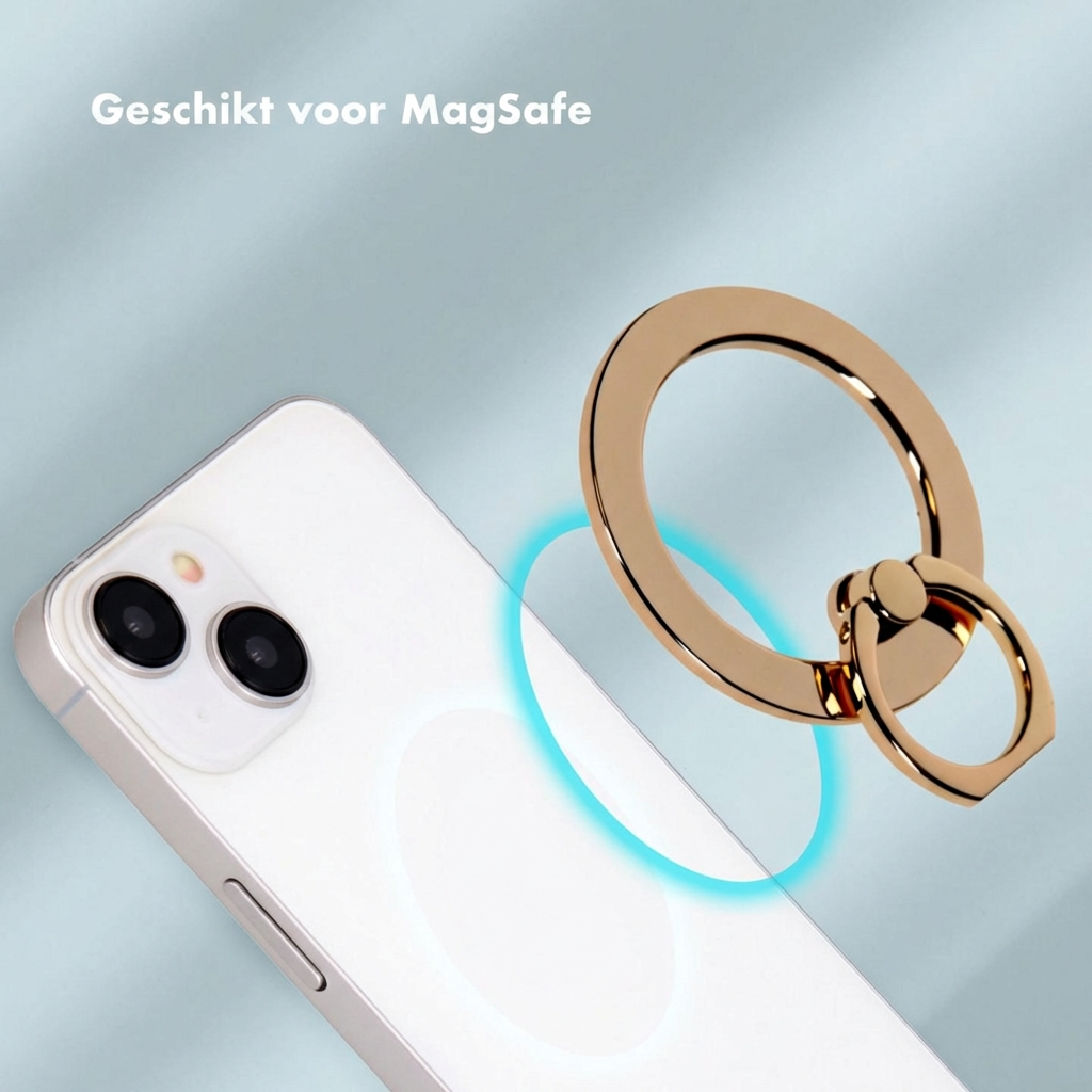 Gouden telefoonringhouder zweeft boven een witte iPhone met MagSafe.