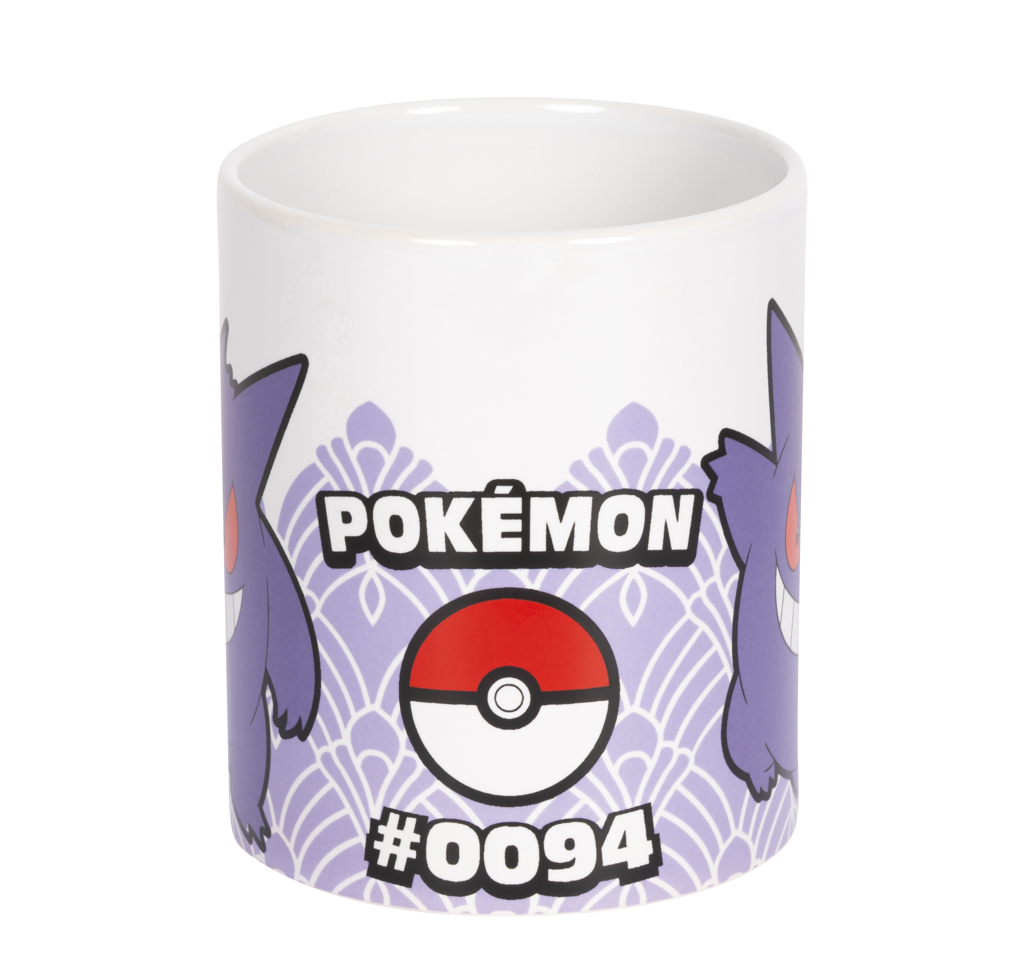 Eine weiße Tasse mit Pokémon-Motiv, Gengar und Pokeball-Design.