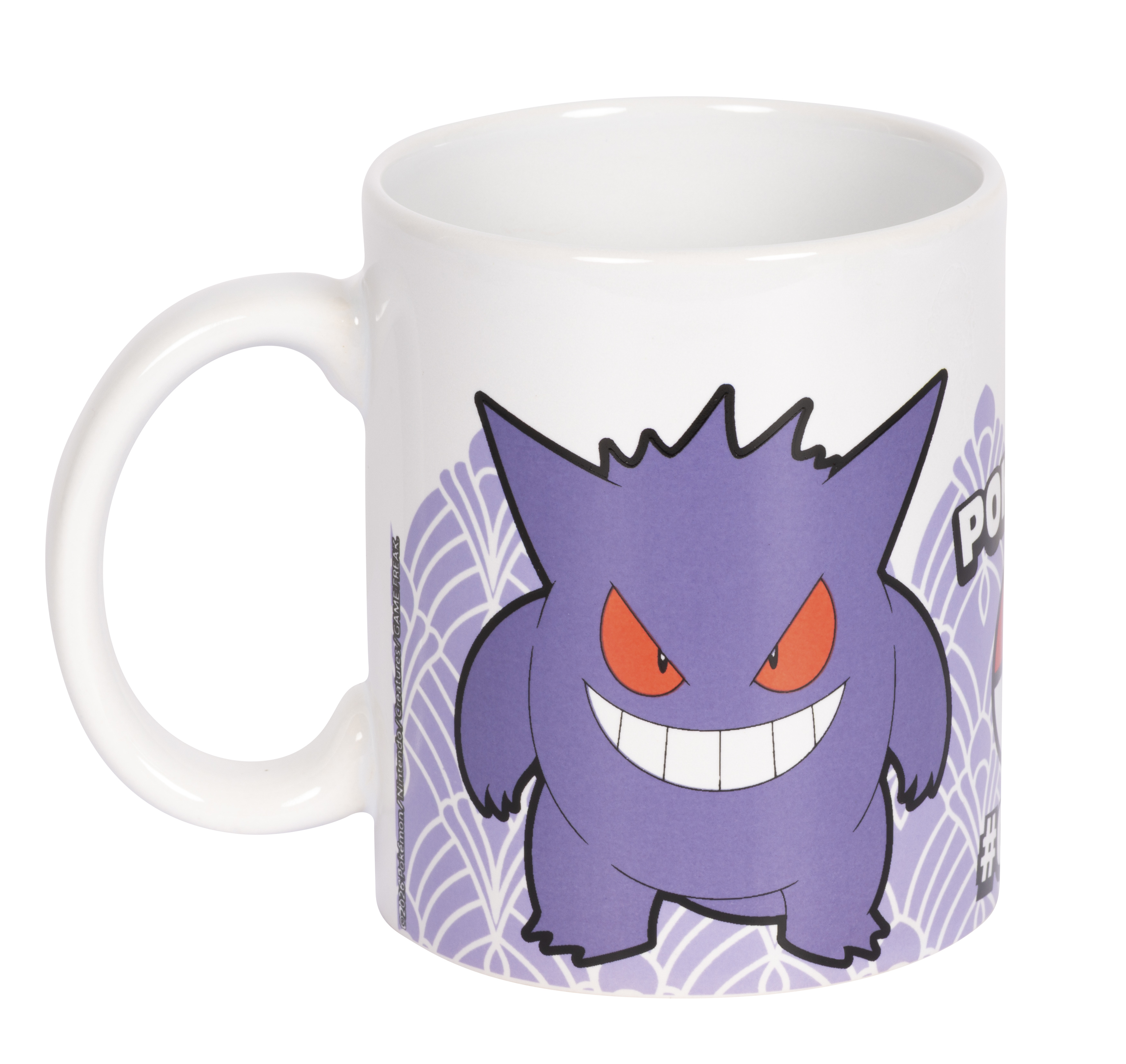 Weiße Tasse mit lila Gengar-Motiv und Spinnennetz-Hintergrund.