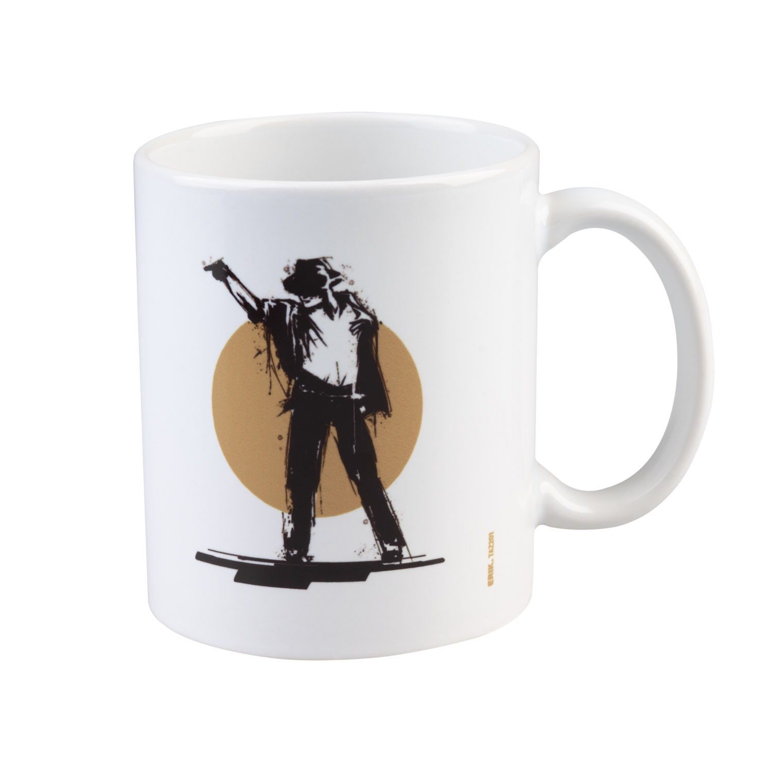 Weiße Tasse mit schwarzer Silhouette eines Mannes mit Hut und Jacke, der auf einem Sockel steht.