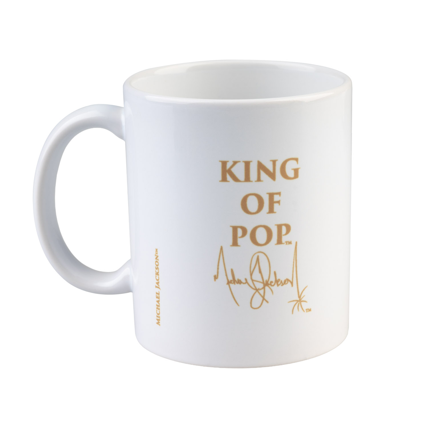 Weiße Tasse mit goldener Schrift 'KING OF POP' und Michael Jacksons Unterschrift.