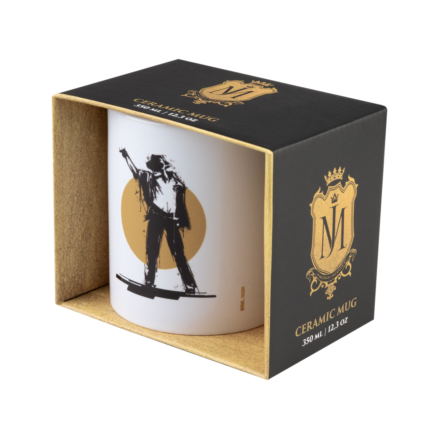 Eine weiße Keramiktasse mit Michael Jackson Grafik in einer schwarz-goldenen Box.