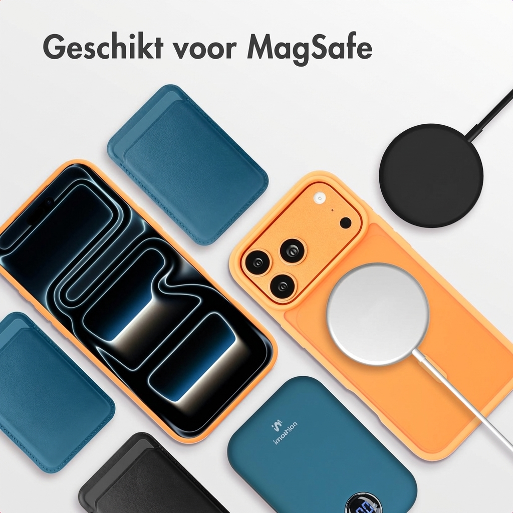 MagSafe accessoires: Oranje hoesje, blauwe kaarthouders, zwarte telefoon, oplaadkabel.