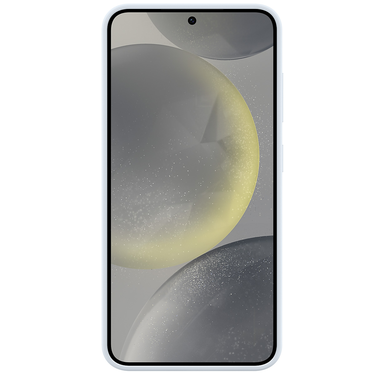 Een smartphone met een lichtblauwe rand en een scherm met abstracte grijze en gele cirkels.