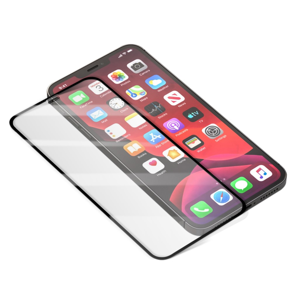 Un protecteur d'écran est placé sur un smartphone affichant l'écran d'accueil avec diverses icônes d'applications.