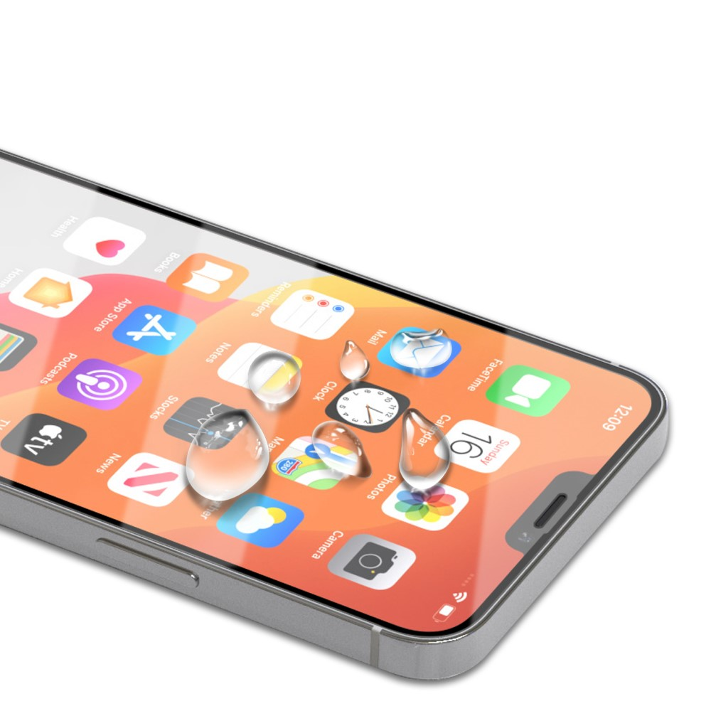 Un écran d'iPhone affiche des icônes d'applications avec des gouttes d'eau.