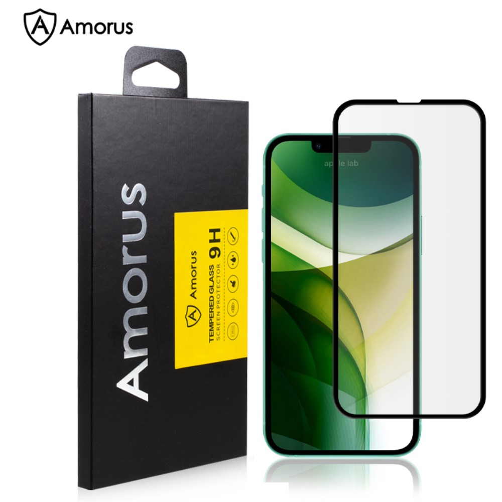Confezione Amorus e una protezione schermo per uno smartphone verde chiaro.