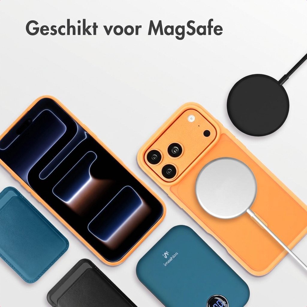 Oranje telefoonhoes met MagSafe lader, telefoon en accessoires op witte achtergrond.
