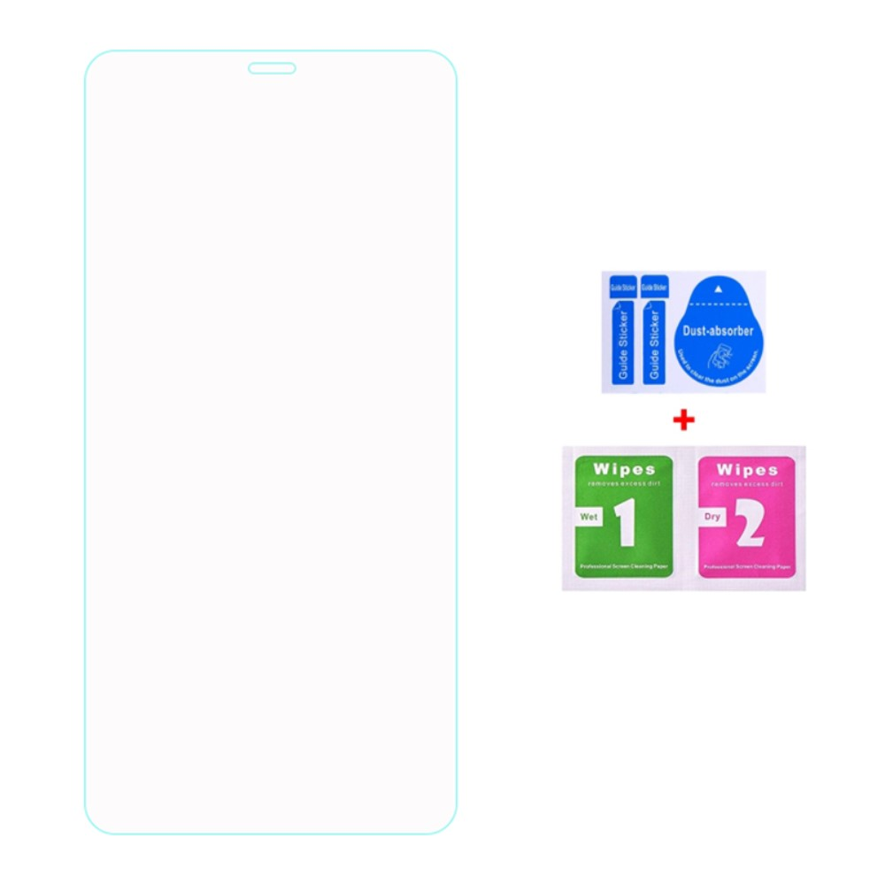 Un protecteur d'écran de téléphone avec accessoires de nettoyage : guides, absorbeur de poussière, lingettes humides et sèches.