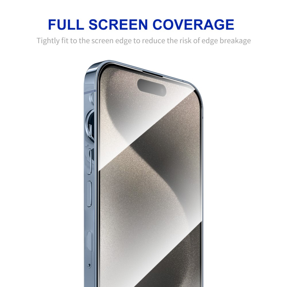 Smartphone bleu avec couverture plein écran, épousant parfaitement le bord.