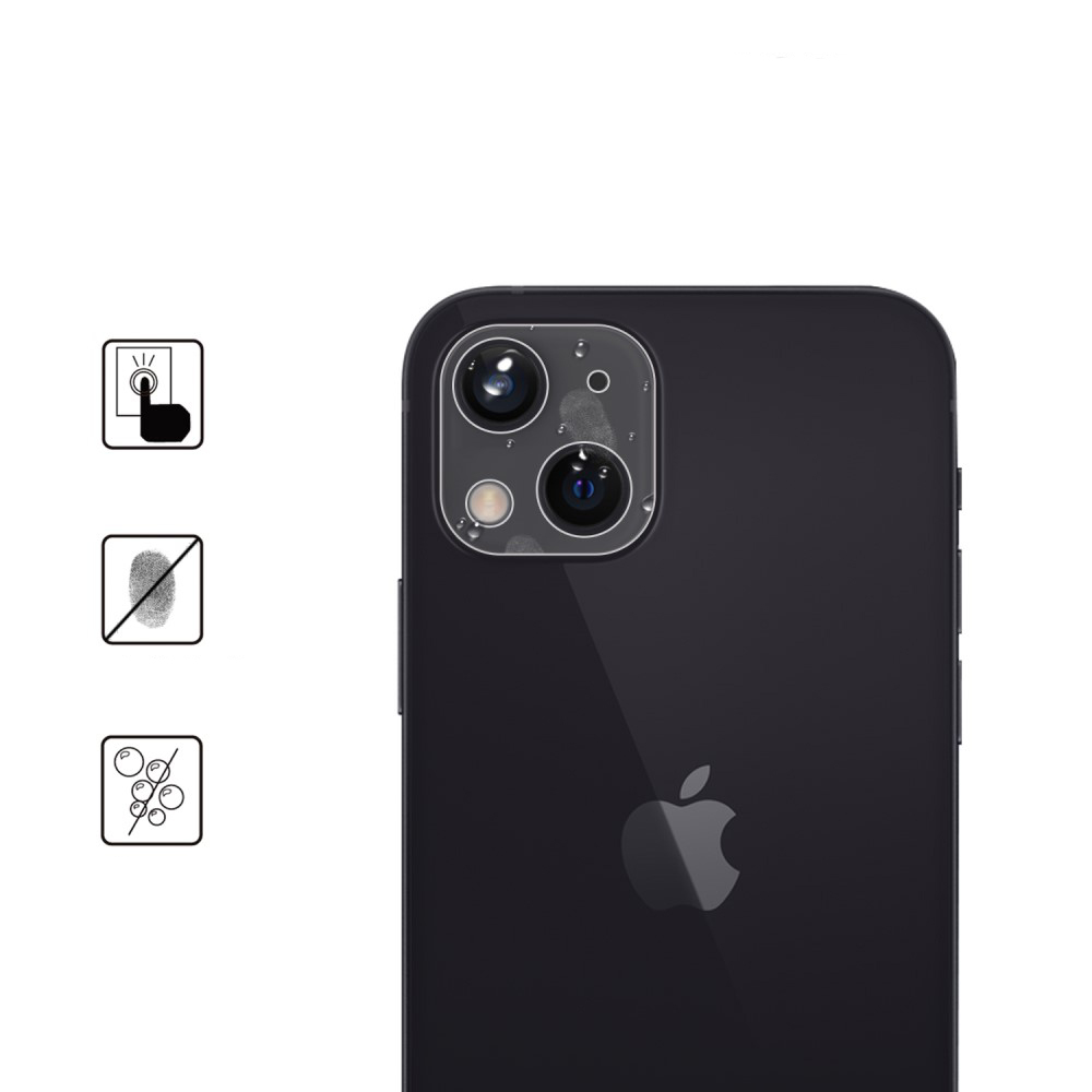 Dunkles iPhone mit Kameras und drei Symbolen links: Berührung, Fingerabdruck, Blasen.