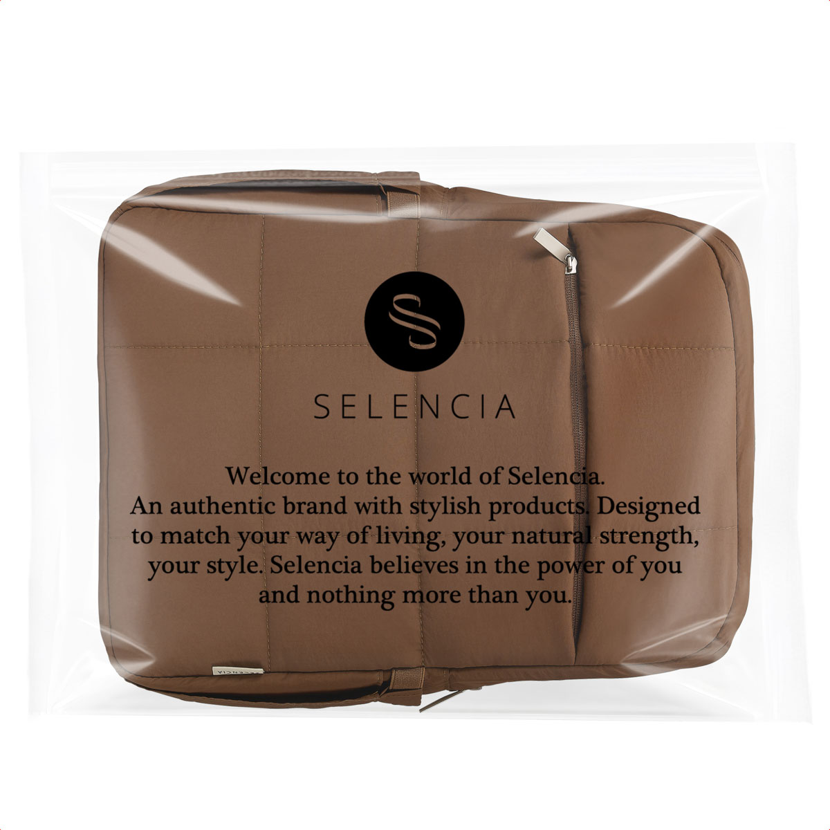 Brown quilted bag with SELENCIA logo and tagline, in plastic packaging.