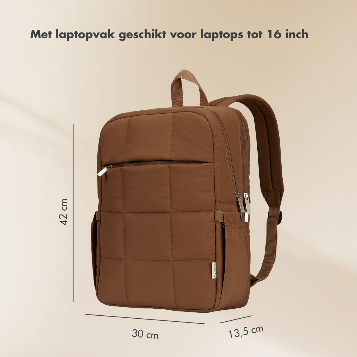 Brown quilted backpack with dimensions 42x30x13.5 cm and laptop compartment.
