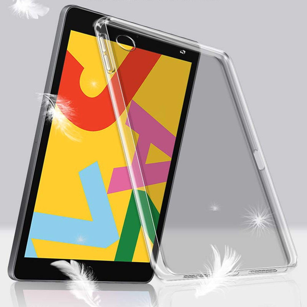 Une coque de téléphone transparente repose à côté d'une tablette à écran coloré.