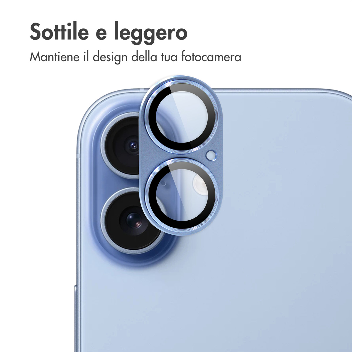 Lens protector on a blue smartphone camera.