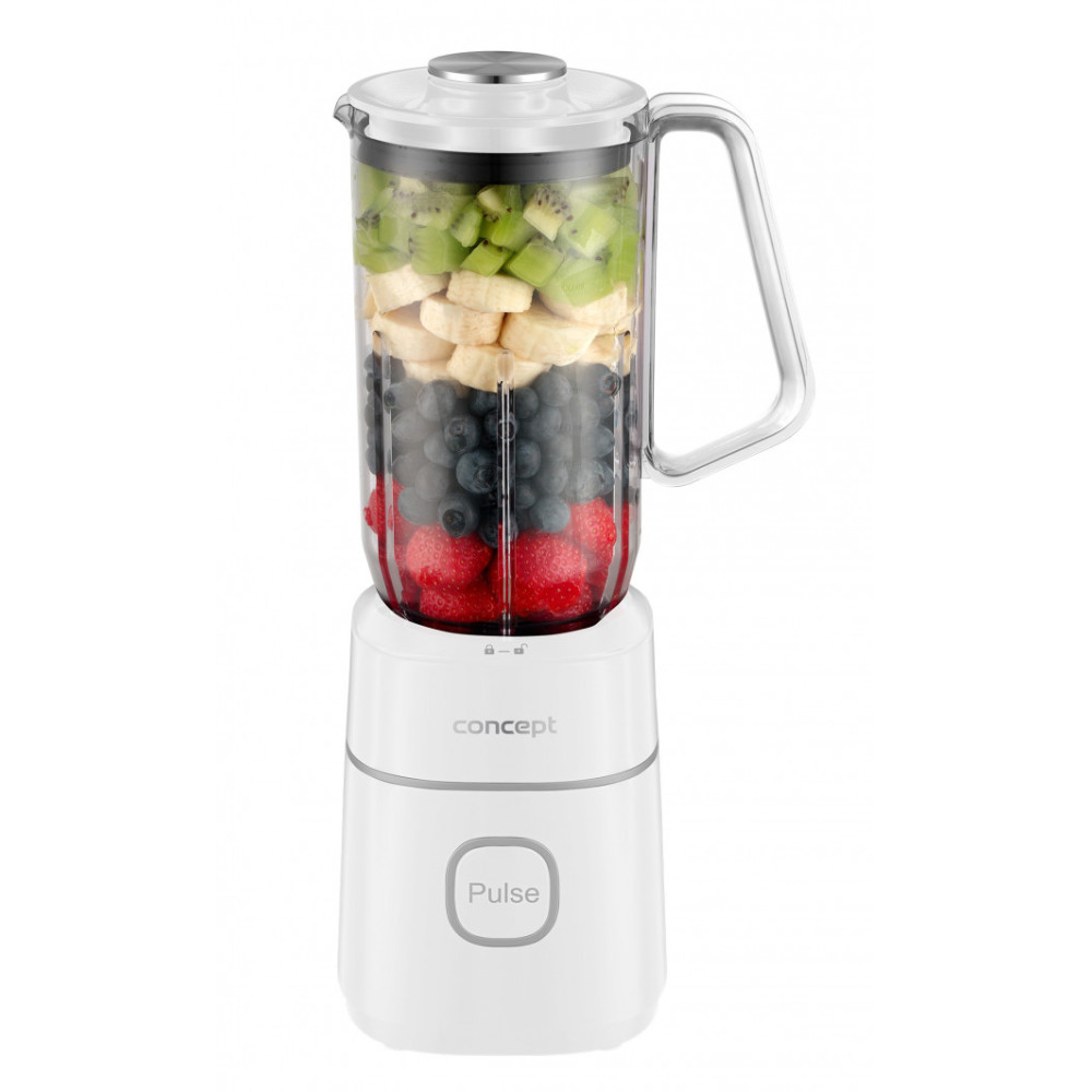 Biały blender z warstwami owoców: truskawki, jagody, banany i kiwi.