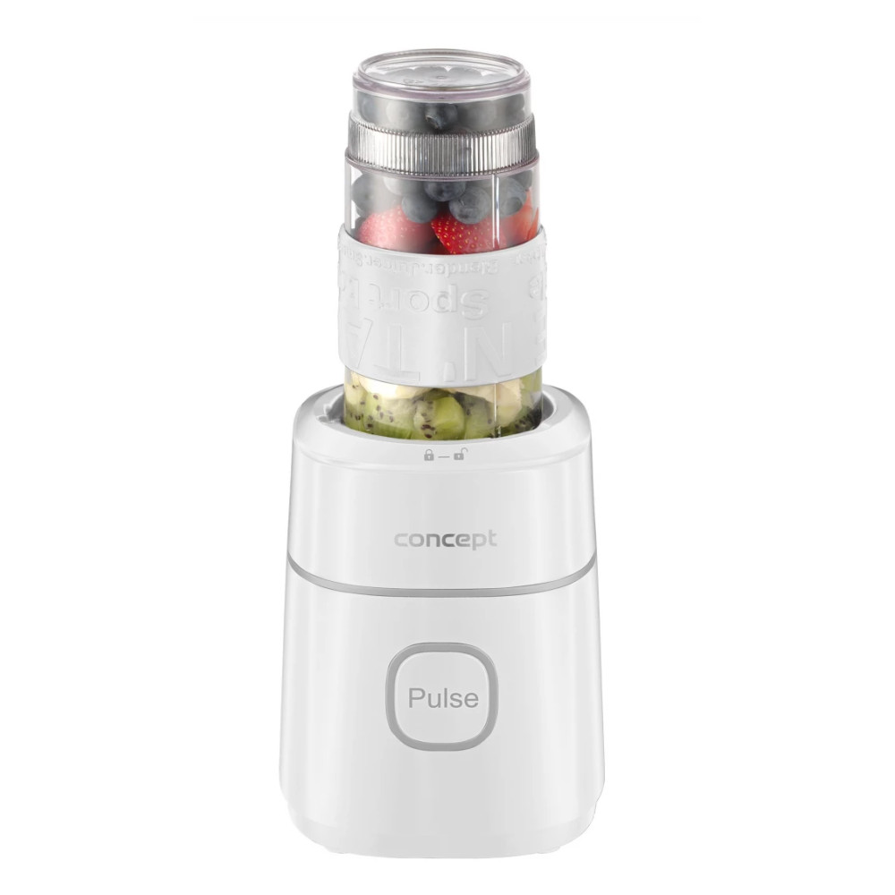 Biały blender z jagodami i kiwi, z przyciskiem Pulse.