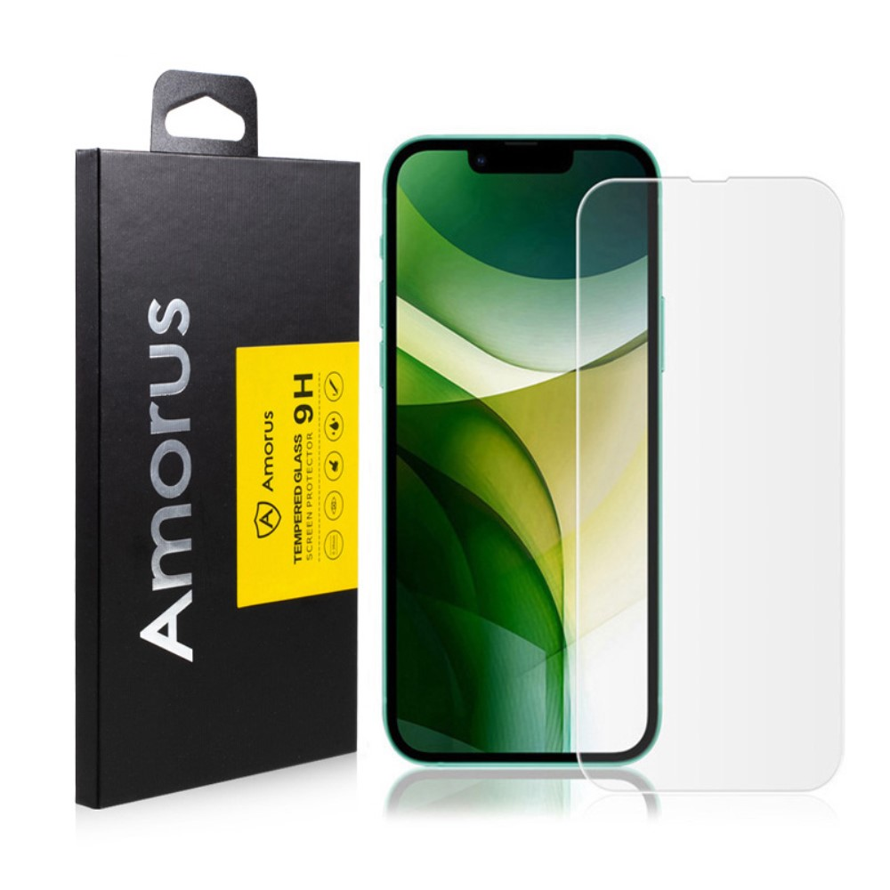 Una scatola del telefono e una protezione per lo schermo in vetro accanto a uno smartphone.
