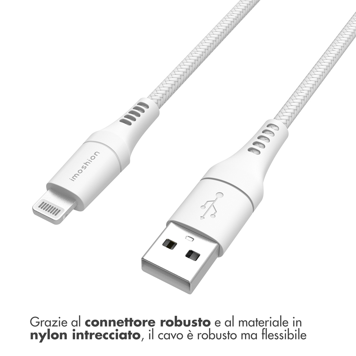 Un câble de chargement blanc avec connecteurs Lightning et USB.