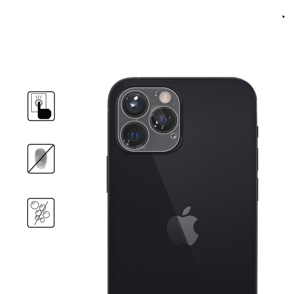 iPhone sombre avec triple appareil photo et logo Apple. Icônes : toucher, sans empreintes, bulles.