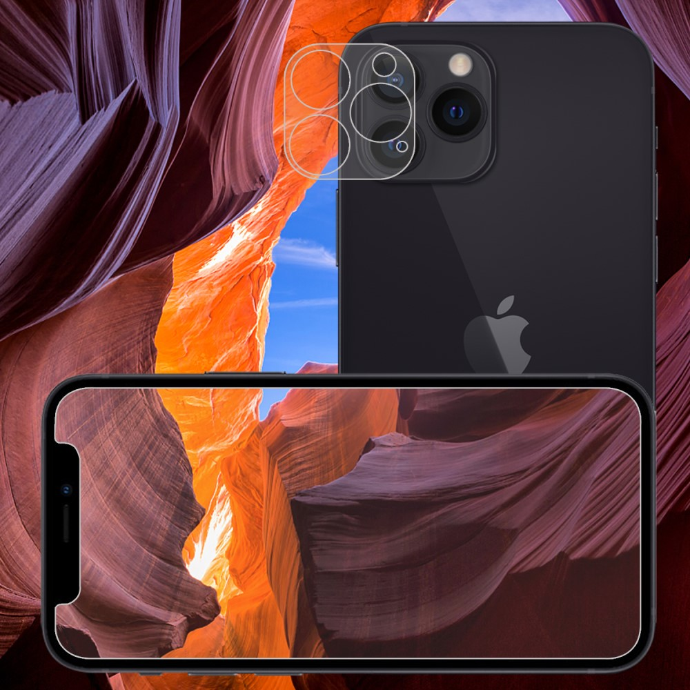 Un iPhone noir avec protection d'objectif de caméra devant un paysage de canyon.