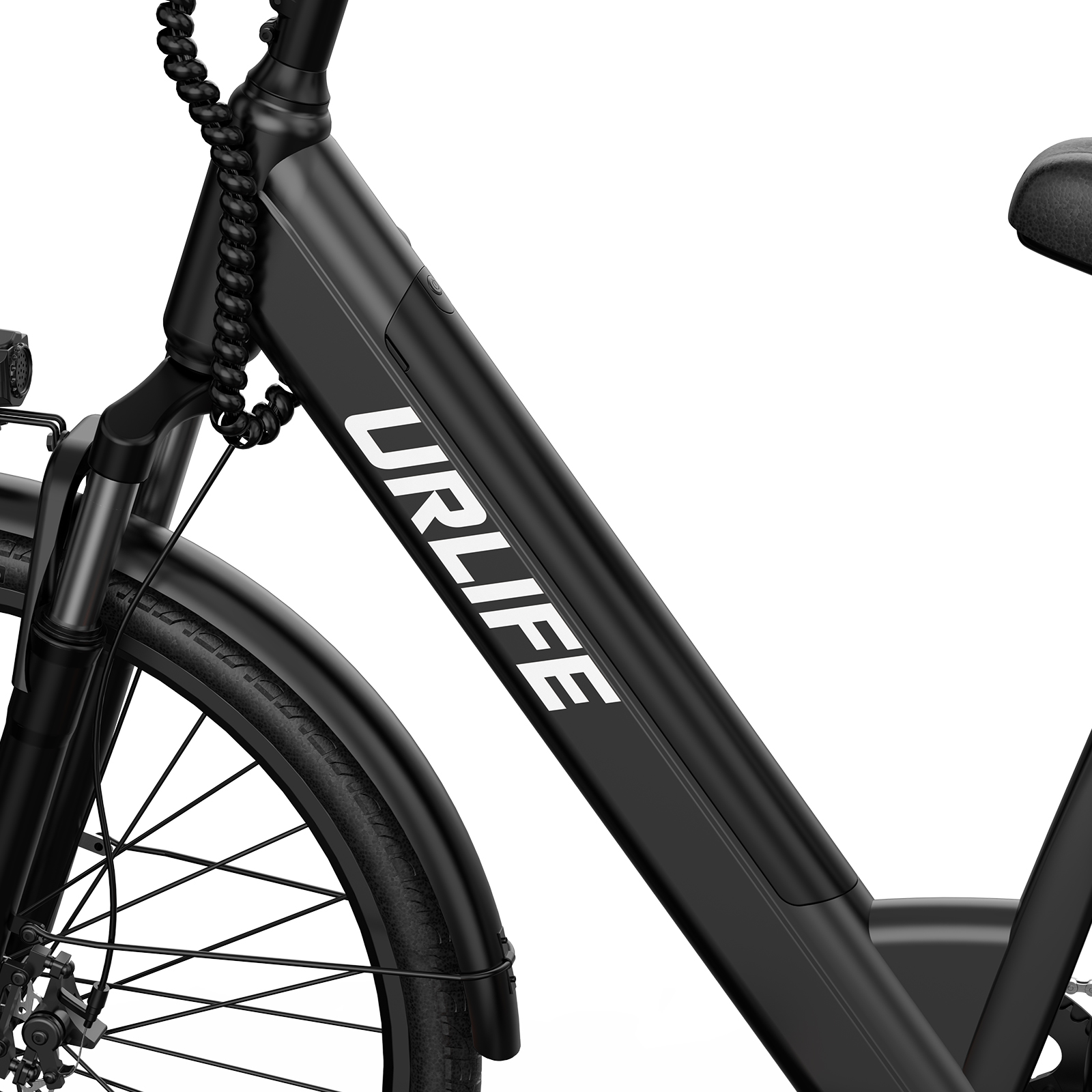 Bicicletta nera con scritta "URLIFE" sul telaio. Ruota anteriore e forcella ammortizzata visibili.