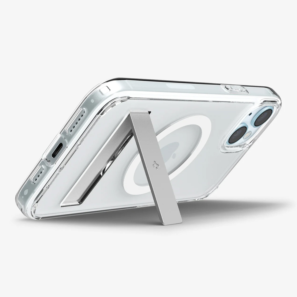 Een doorzichtige telefoonhoes met een zilveren standaard op witte achtergrond.