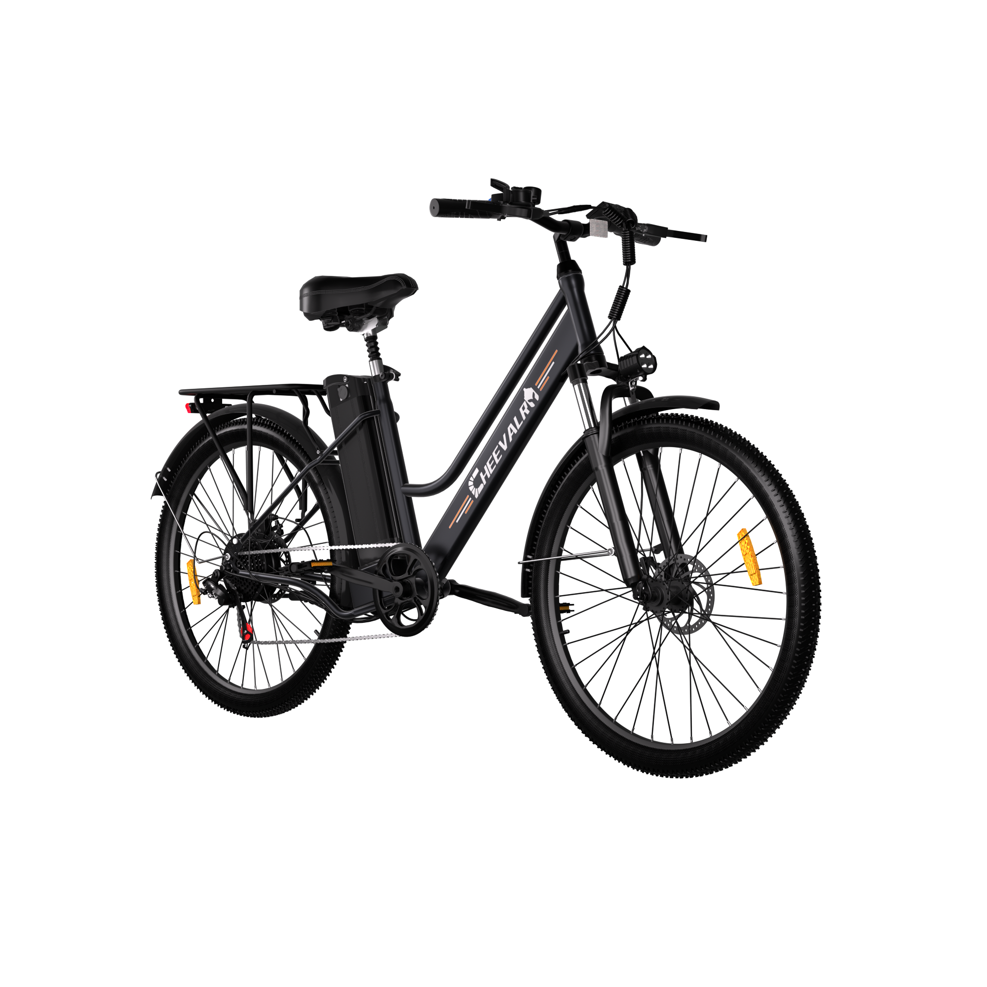 Bicicleta eléctrica negra con portaequipajes trasero, luz delantera y logo naranja.
