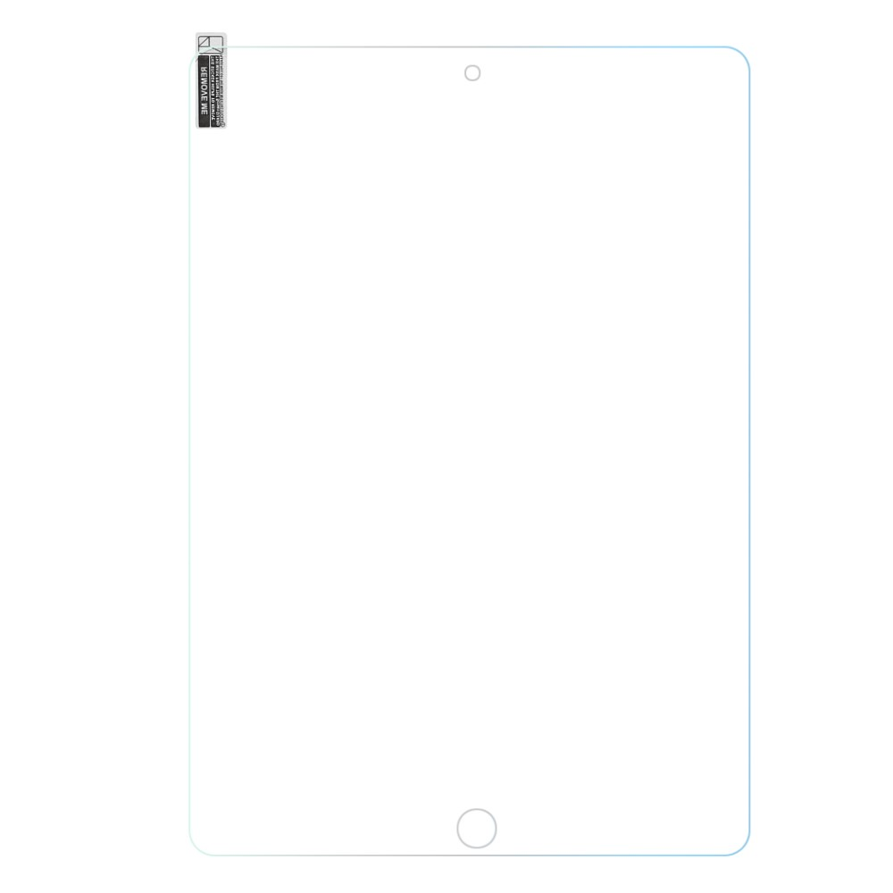 Un protecteur d'écran transparent pour tablette avec un trou supérieur et un cercle inférieur.