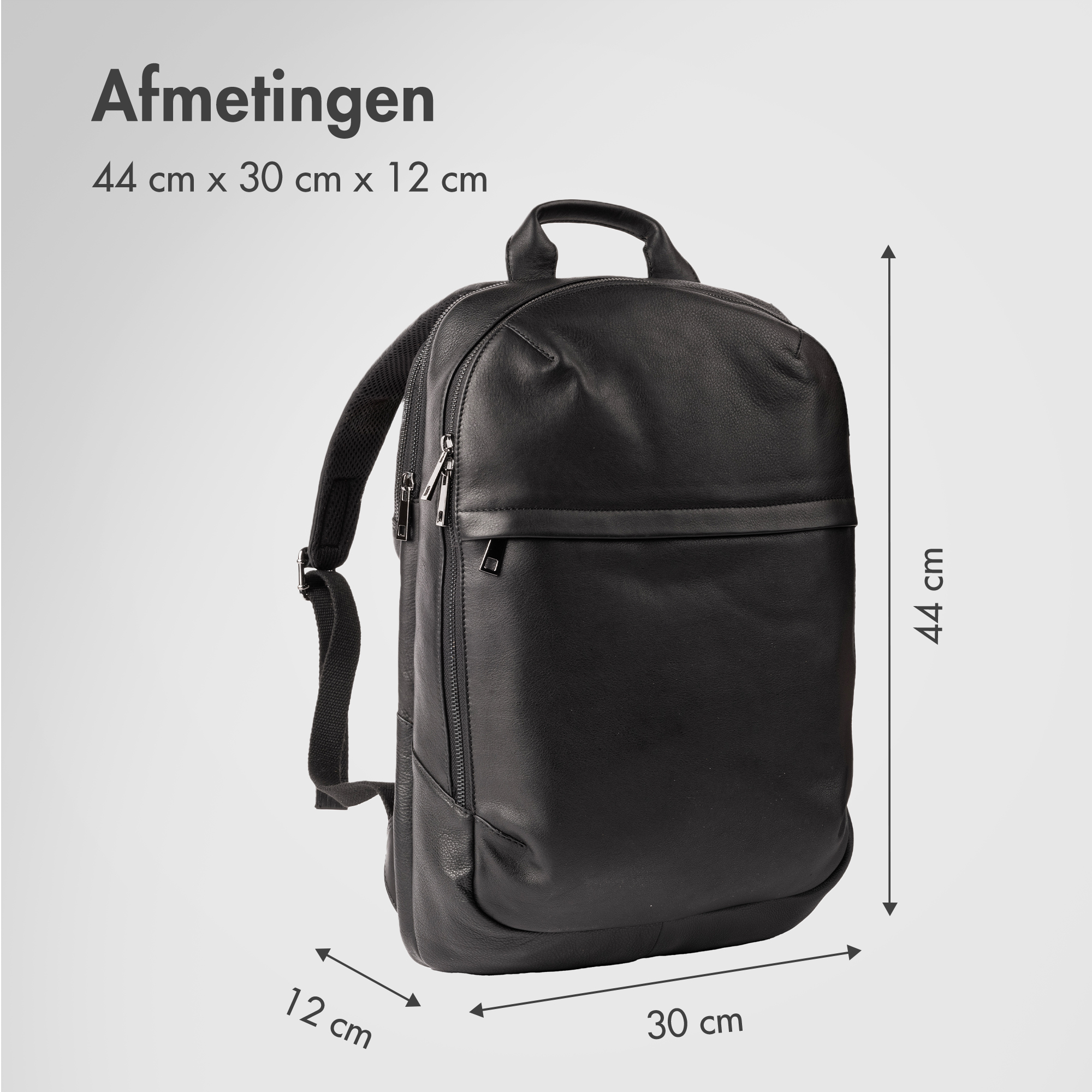 Black leather backpack with dimensions 44x30x12 cm, on a gray background.
