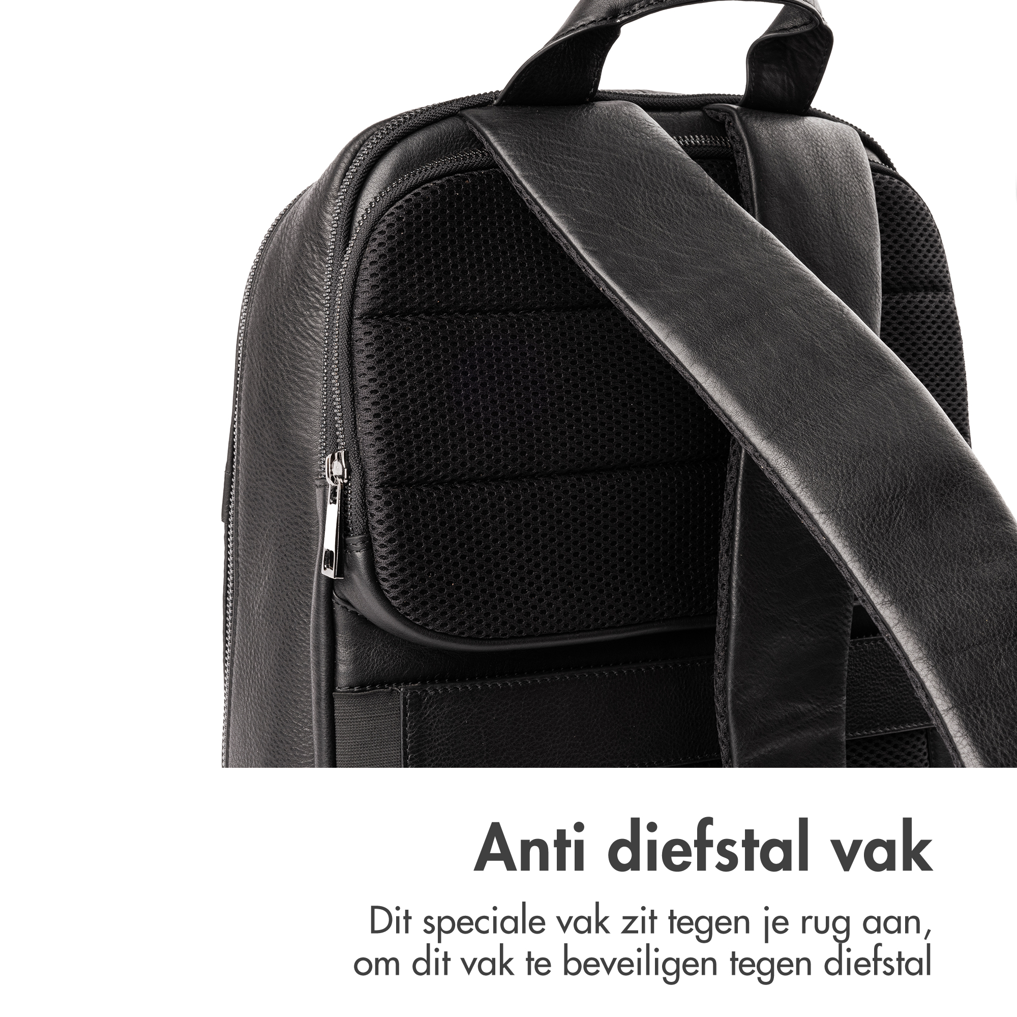 Black backpack with padded straps and zipper detail.