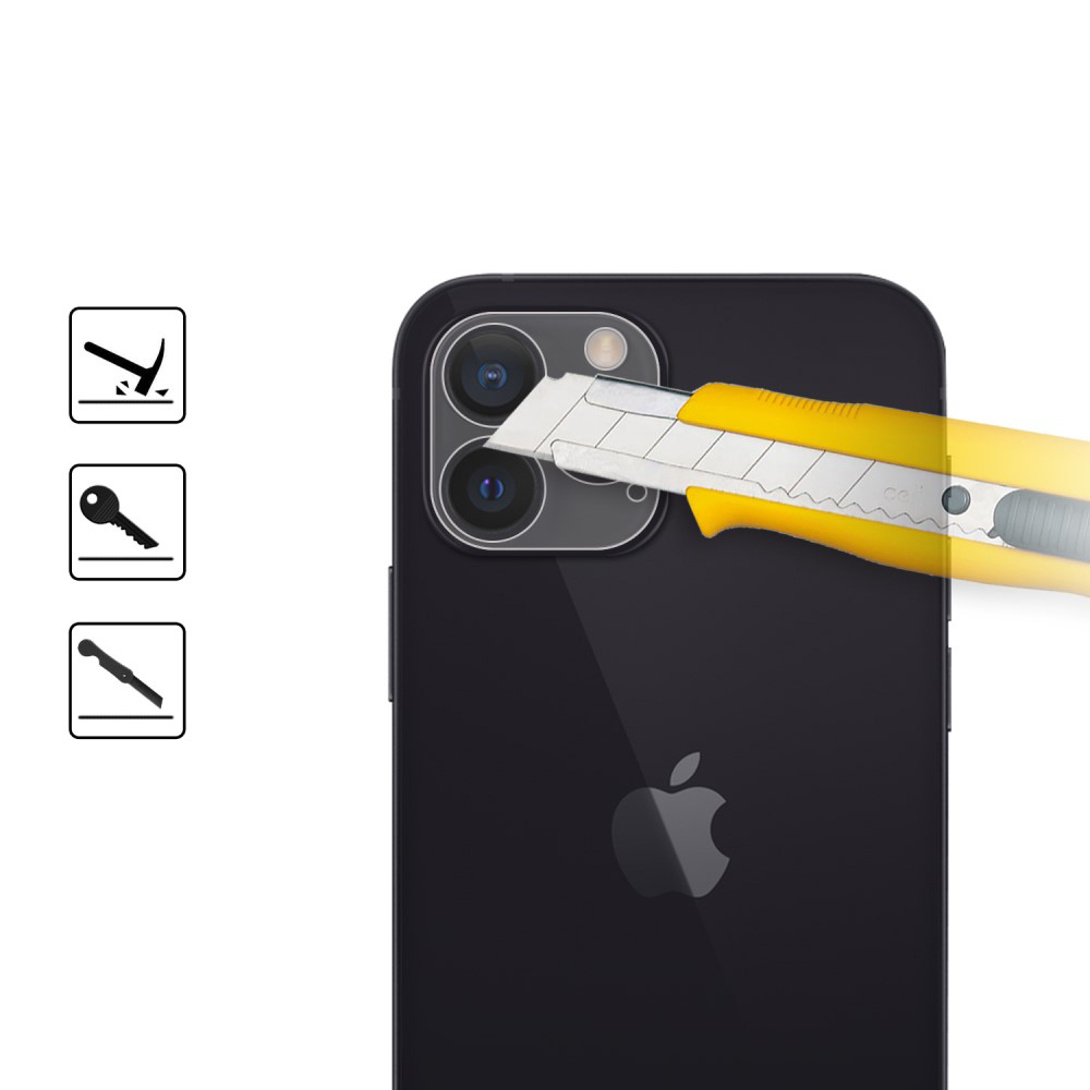 Un cutter jaune raye un écran d'iPhone noir. Icônes de dureté, clés, couteau.
