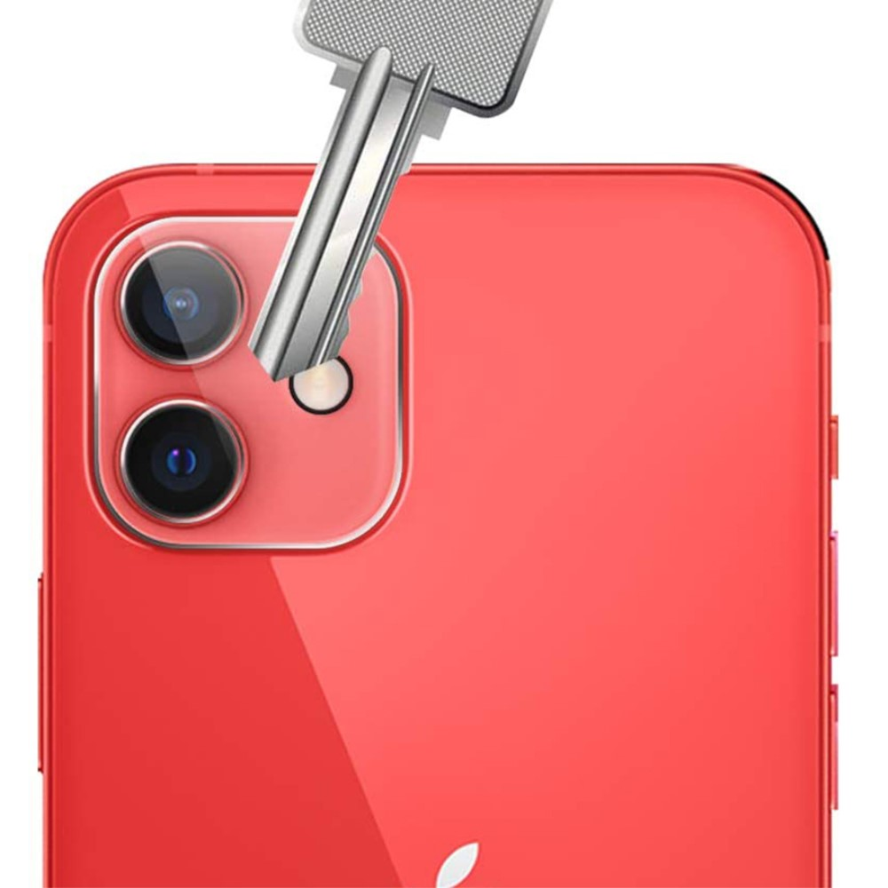 Smartphone rouge à deux caméras et une clé argentée.