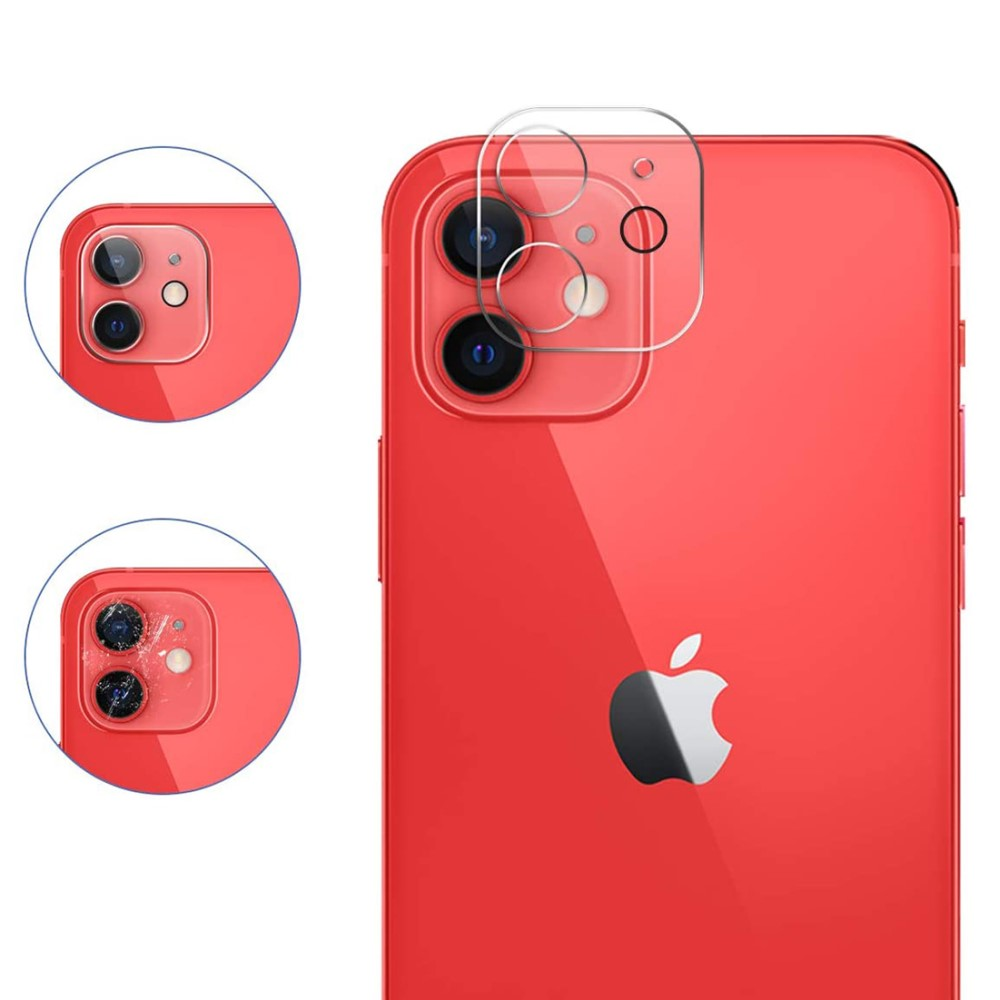 iPhone rouge avec film protecteur de lentille de caméra arrière. Gros plans incrustés montrés.