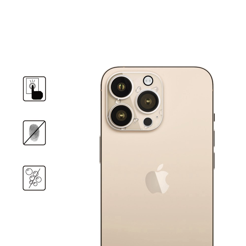Retro iPhone oro con lenti, icone touch, impronta e bolle.