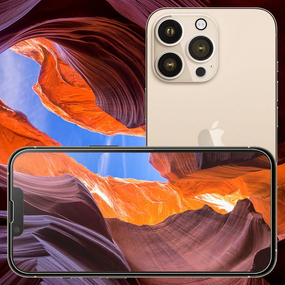 iPhone dorato con lenti della fotocamera e sfondo canyon. Un altro iPhone sotto.
