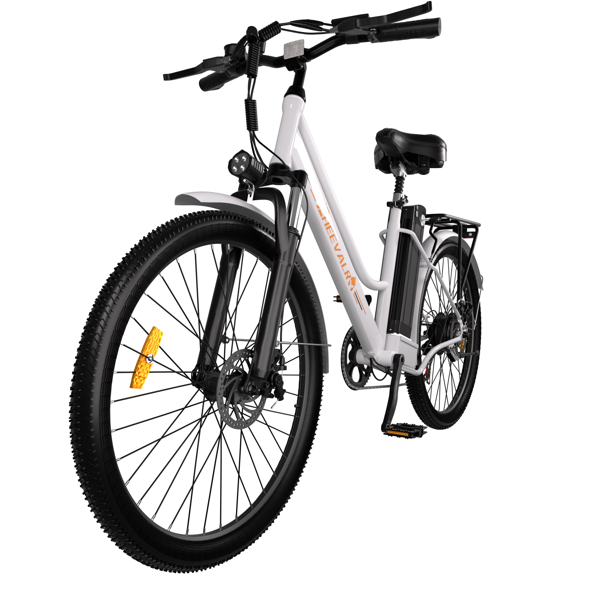 Bicicletta elettrica bianca con pneumatici, manubrio e sella neri, su sfondo nero.