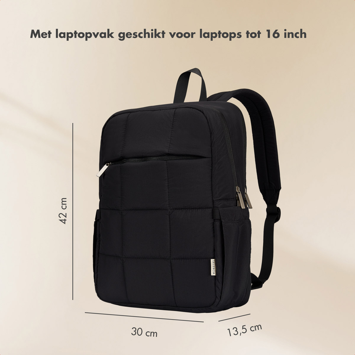 Black backpack with quilted front, 42x30x13.5 cm.