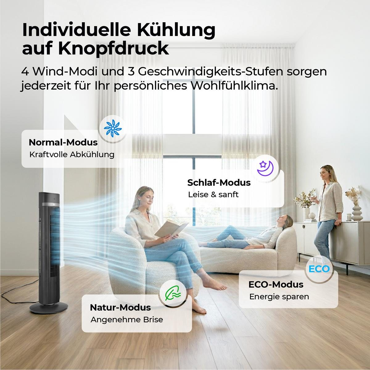 Ein Turmventilator kühlt einen Raum, in dem zwei Frauen entspannen. Verschiedene Modi werden angezeigt.