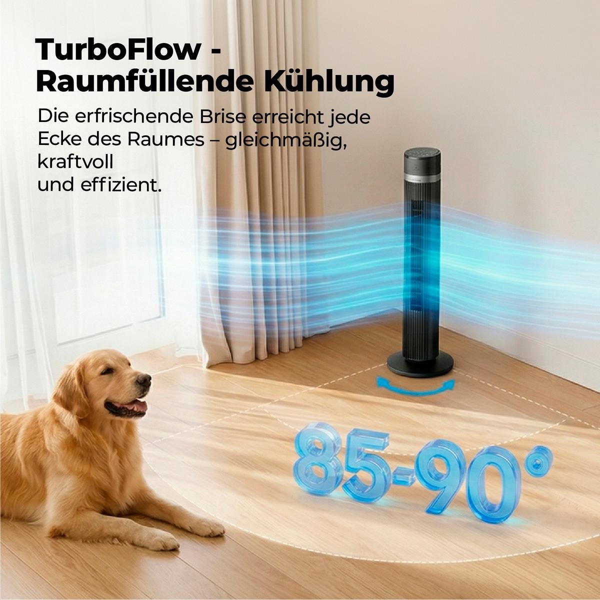 Ein Hund liegt auf dem Boden, ein Turmventilator bläst Luft aus.