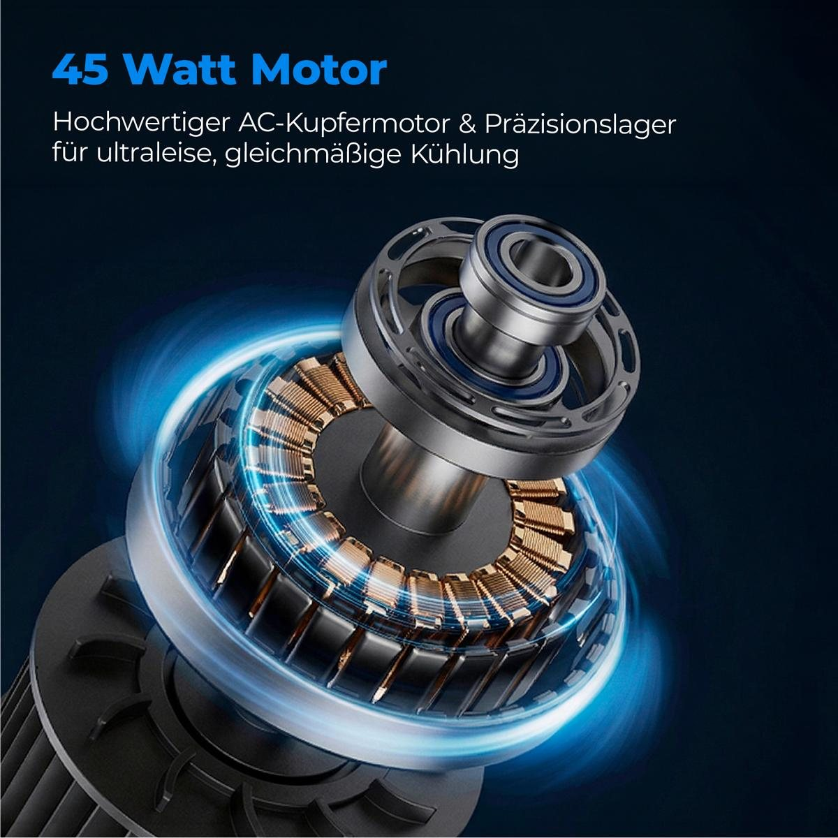 Ein 45-Watt-AC-Kupfermoto mit Präzisionslagern, umgeben von blauen Lichtern.