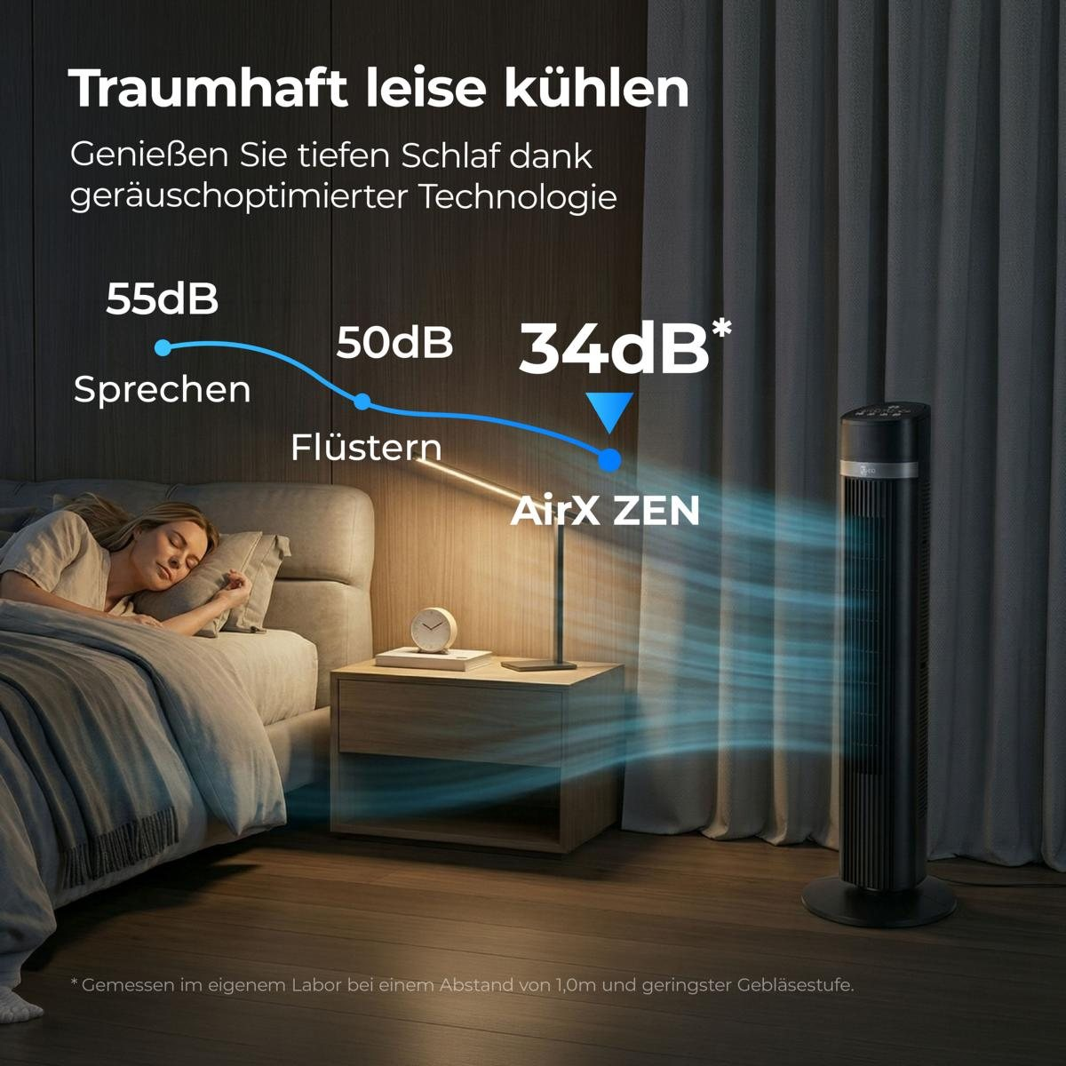 Ein schwarzer Turmlüfter kühlt einen schlafenden Menschen im Schlafzimmer.
