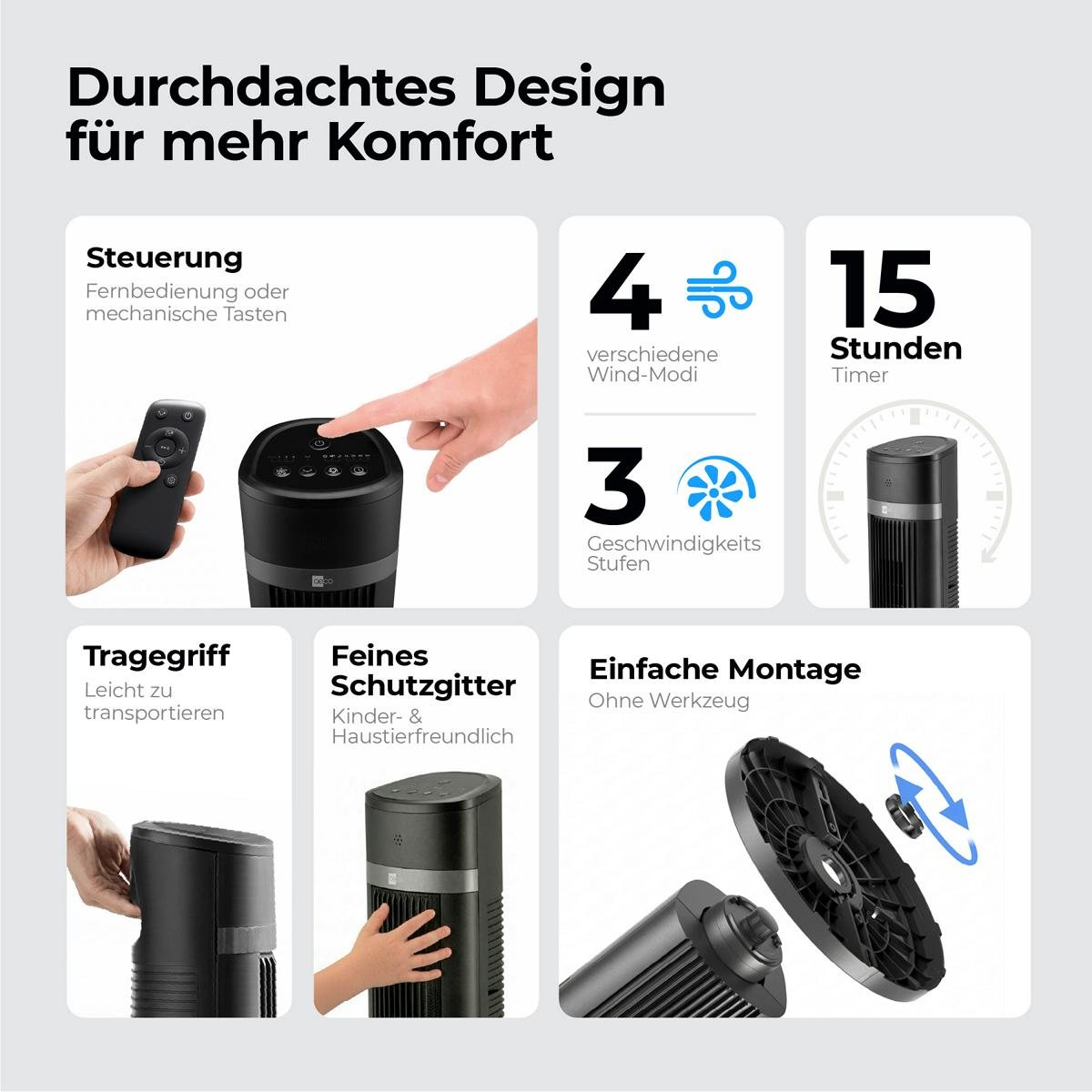 Infografik zu einem Turmventilator mit Steuerung, 4 Modi, 3 Stufen, 15h Timer, Griff, Schutzgitter, Montage.