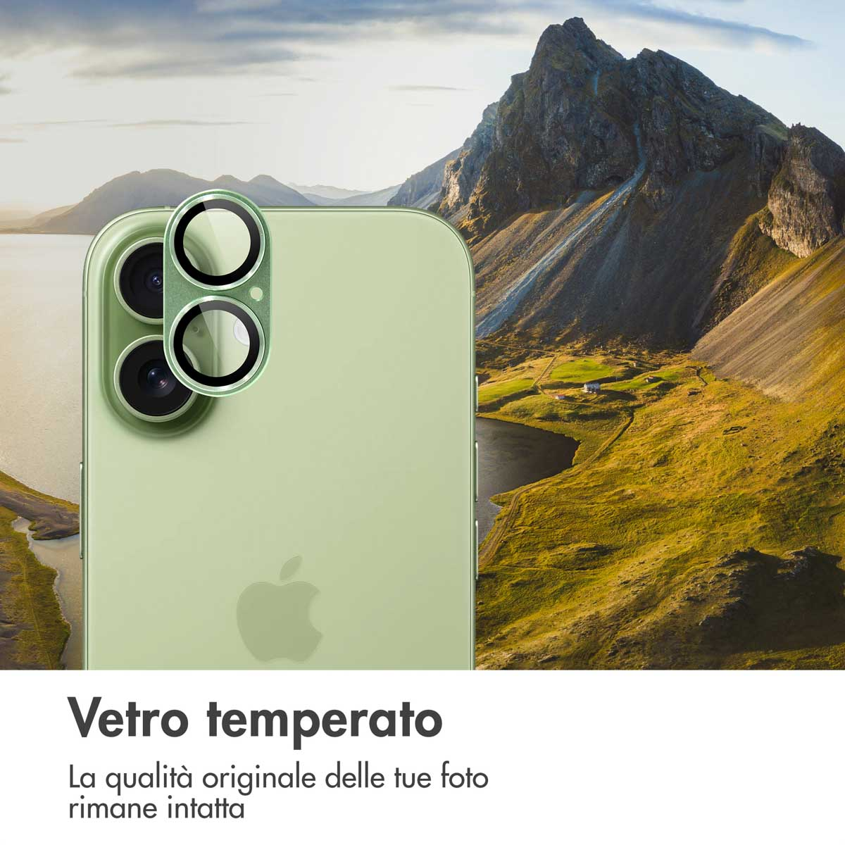 Green phone back with camera lens in front of mountain landscape with lake.