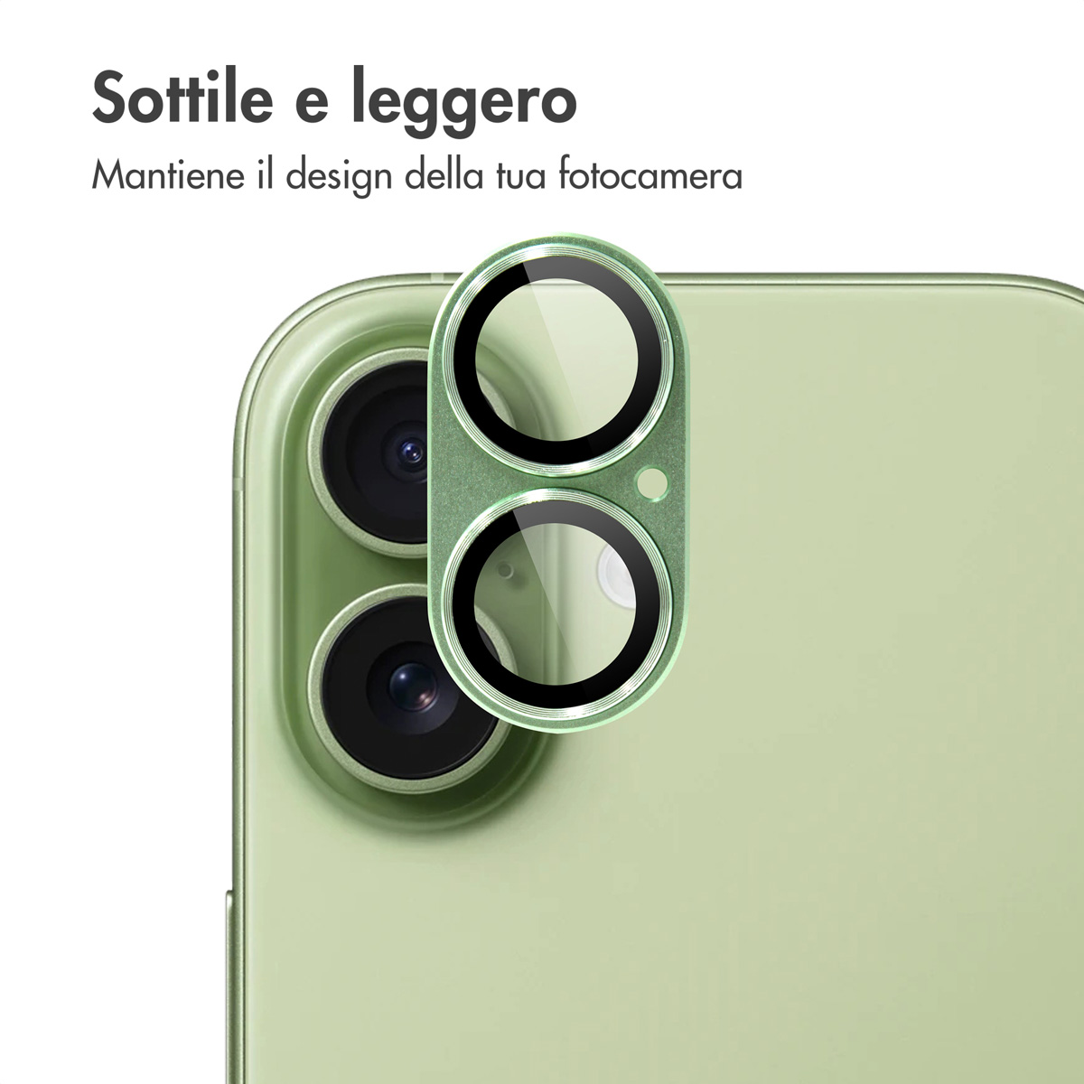 Close-up of a green phone back with triple camera lenses and a protective cover.
