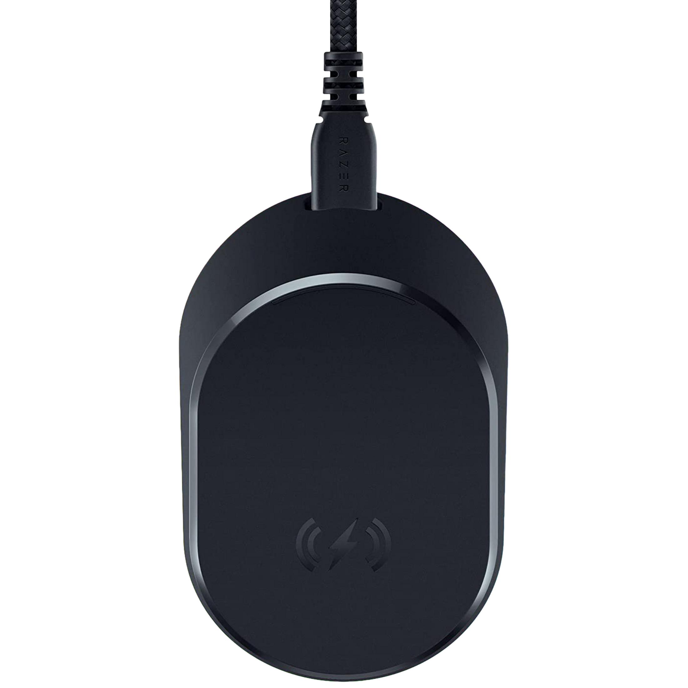 Schwarzes Razer-Ladegerät mit Ladeanzeige und Kabel.