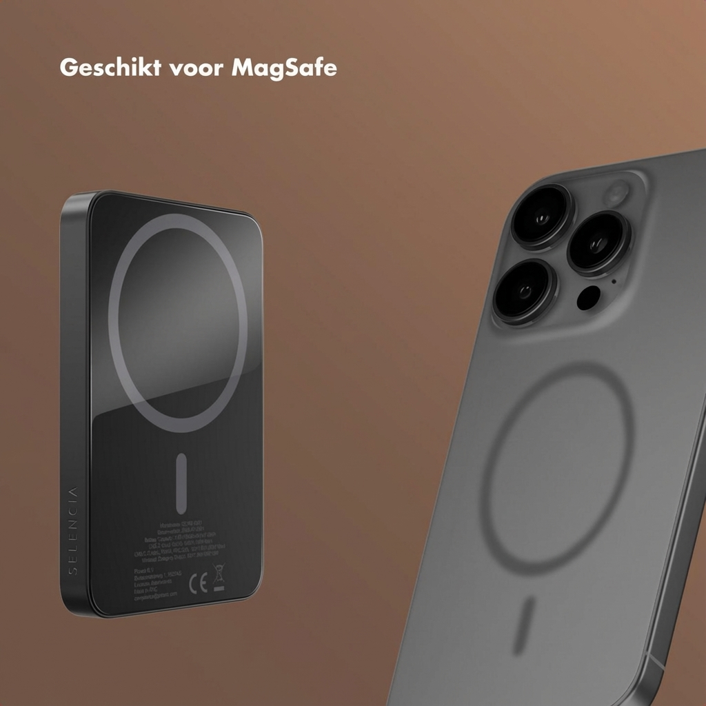 Zwarte MagSafe oplader en grijze iPhone op bruine achtergrond. Geschikt voor MagSafe.