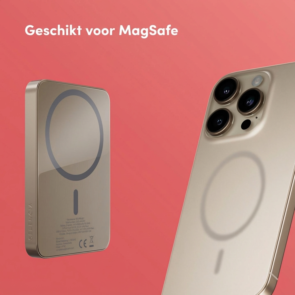 Gouden iPhone en MagSafe lader op rode achtergrond. Tekst: Geschikt voor MagSafe.