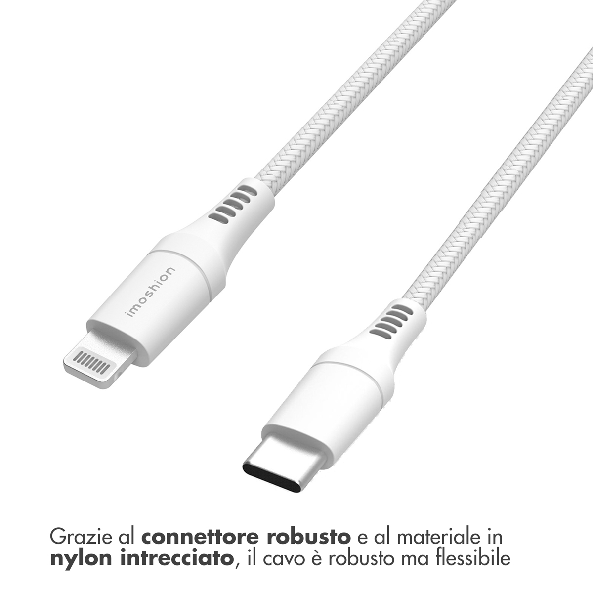 Un câble de chargement blanc avec connecteurs Lightning et USB-C.
